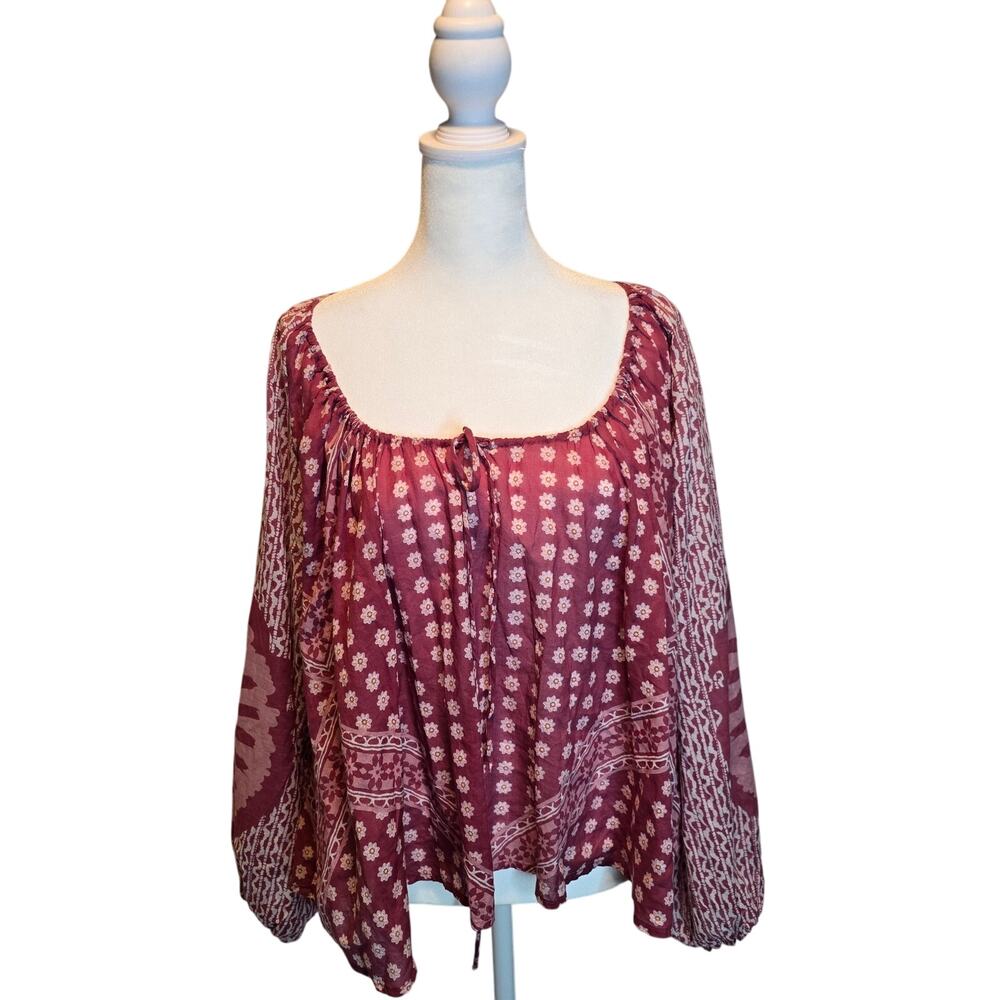 Free People Floral‎ Print Peasant Blouse Women XS Burgundy Cotton Boho Festival